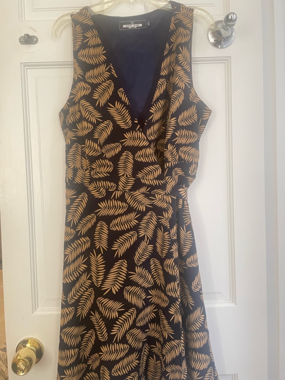 Sleeveless Black Midi Dress with Mustard Leaf Print - Feminine Wrap Style